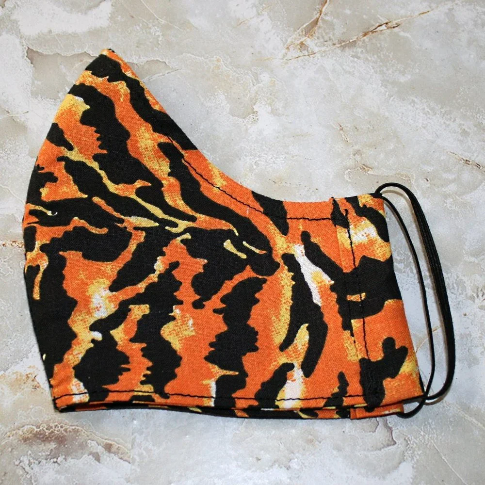 HAND CRAFTED Face Mask Tiger Animal Adult Cloth Fabric Print - Shield Style
